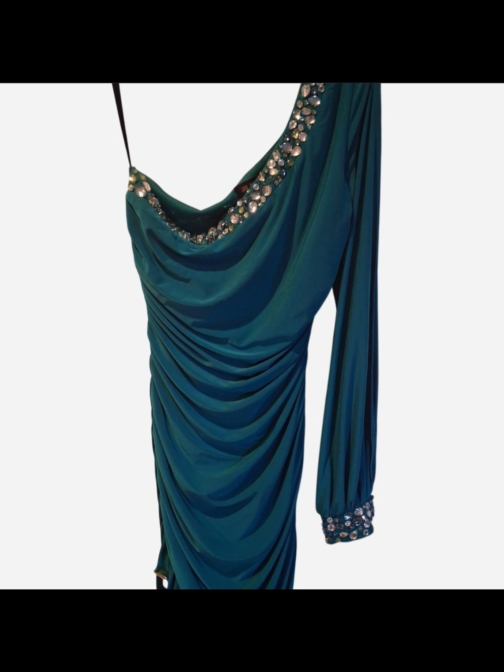 Embellished Teal One-Shoulder Draped Dress